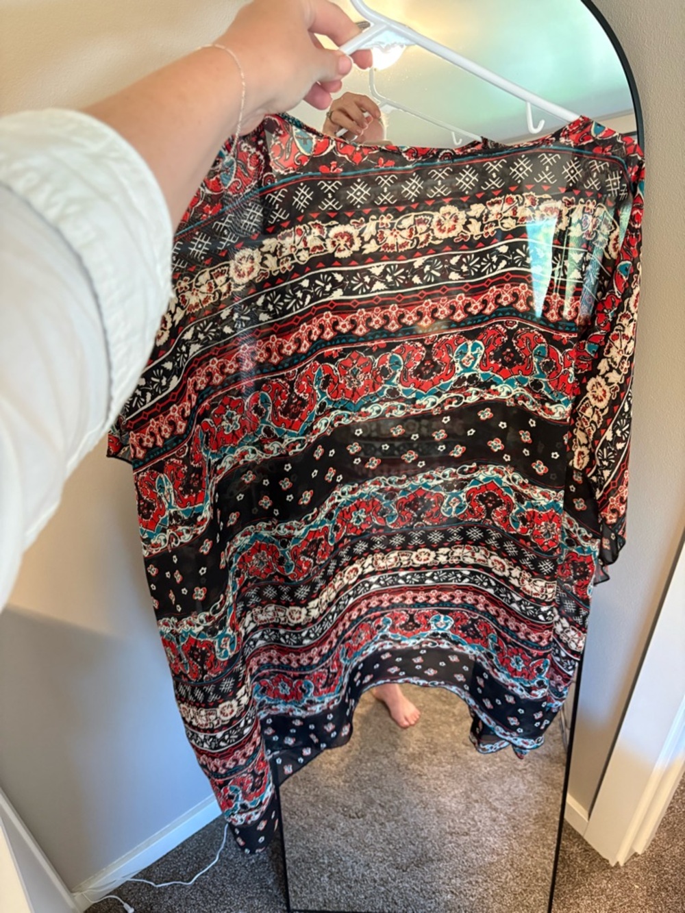 Charlotte Russe Sheer Boho Kimono in Black with Red and Teal Accents - Picture 3 of 3